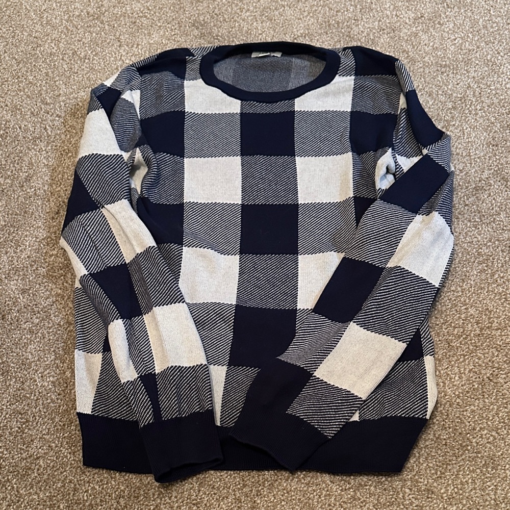 J. Crew Navy and Cream Plaid Crewneck Sweater